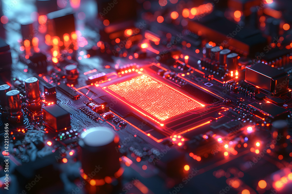 Poster a close-up shot of a glowing red and blue computer circuit board showcasing technology's intricate i
