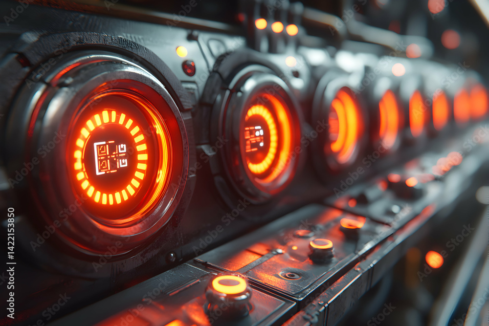 Poster a futuristic control panel with glowing orange lights and detailed mechanical elements. ideal for sc