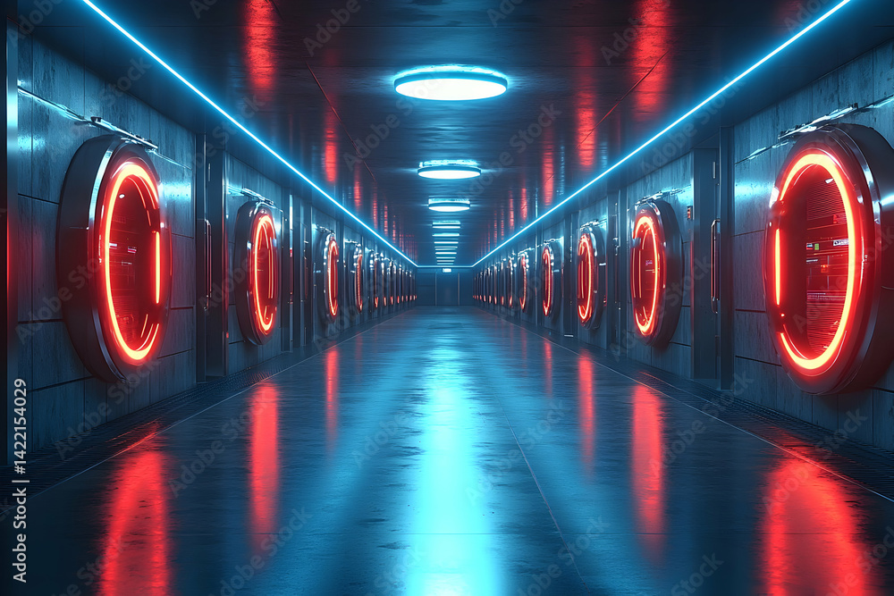 Poster a futuristic corridor bathed in neon light. suggests a high-tech facility or a sci-fi setting suitab