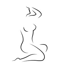 sexy lady sitting in seductive pose with big open breasts. woman silhouette. contour drawing of beautiful female figure. female image for spa or beauty salon advertising