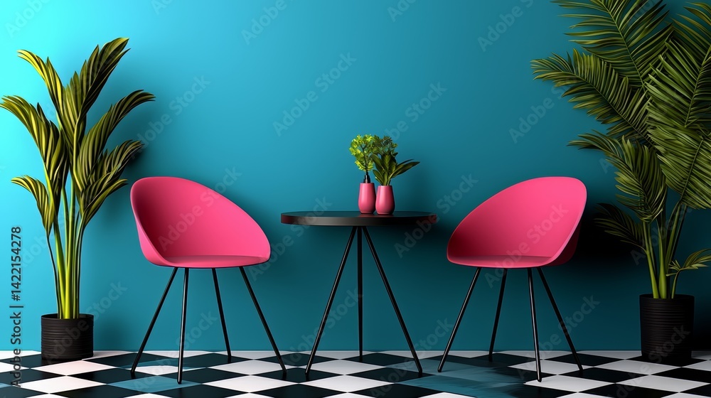 Aufkleber Blue room with two pink chairs and a table. The chairs are facing each other and the table is in the middle. There are two potted plants in the room, one on the left and one on the right