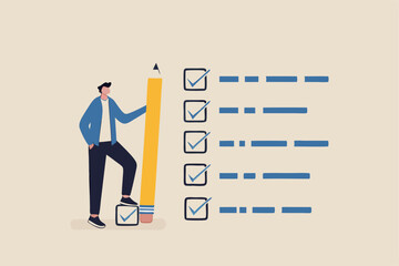 Getting things done, completed tasks or business accomplishment, finished checklist, achievement or project progression concept, businessman expert holding pencil tick all completed task checkbox.