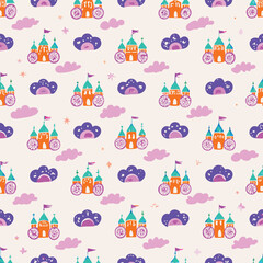 Fairytale Pastel Castles and Carriages Vector Pattern