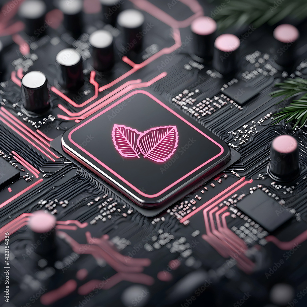 Poster a close-up of a circuit board featuring a leaf symbol suggesting eco-friendly technology or sustaina