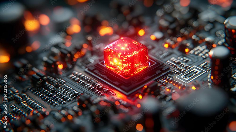 Poster an illuminated computer chip on a circuit board. ideal for illustrating technology digital transform