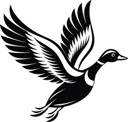 Flying duck silhouette, flying duck on white background