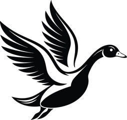 Flying duck silhouette, flying duck on white background