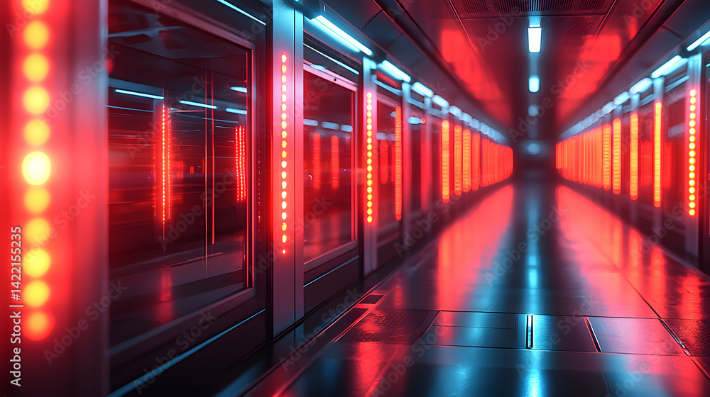 Poster a futuristic corridor bathed in red and blue light. it has a sense of depth and technological design