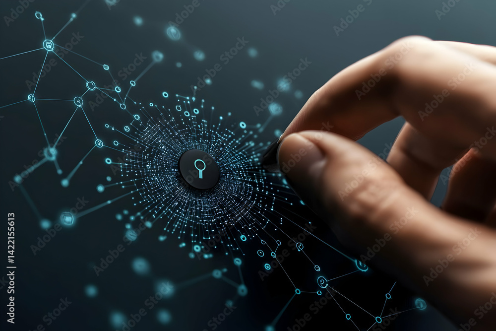 Poster a finger touches a digital lock representing security access. this image could be used for a cyberse