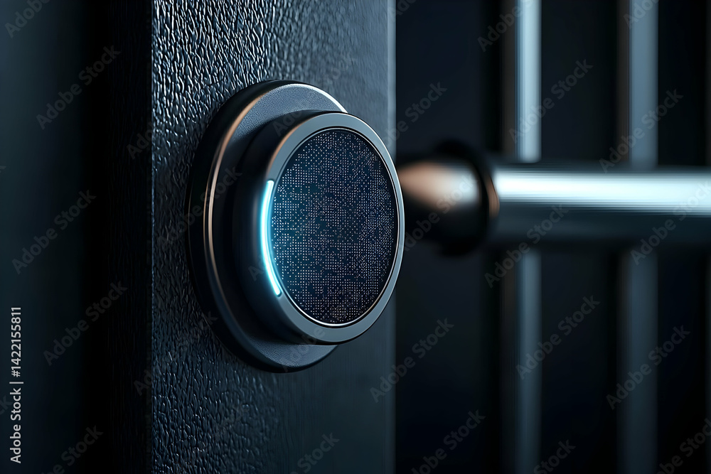 Poster a close-up image shows a futuristic safe dial with a glowing blue light and a textured surface. it i