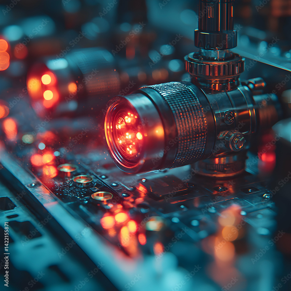 Fototapete a close up of an intricate tech device showing metallic components with glowing red lights. it could
