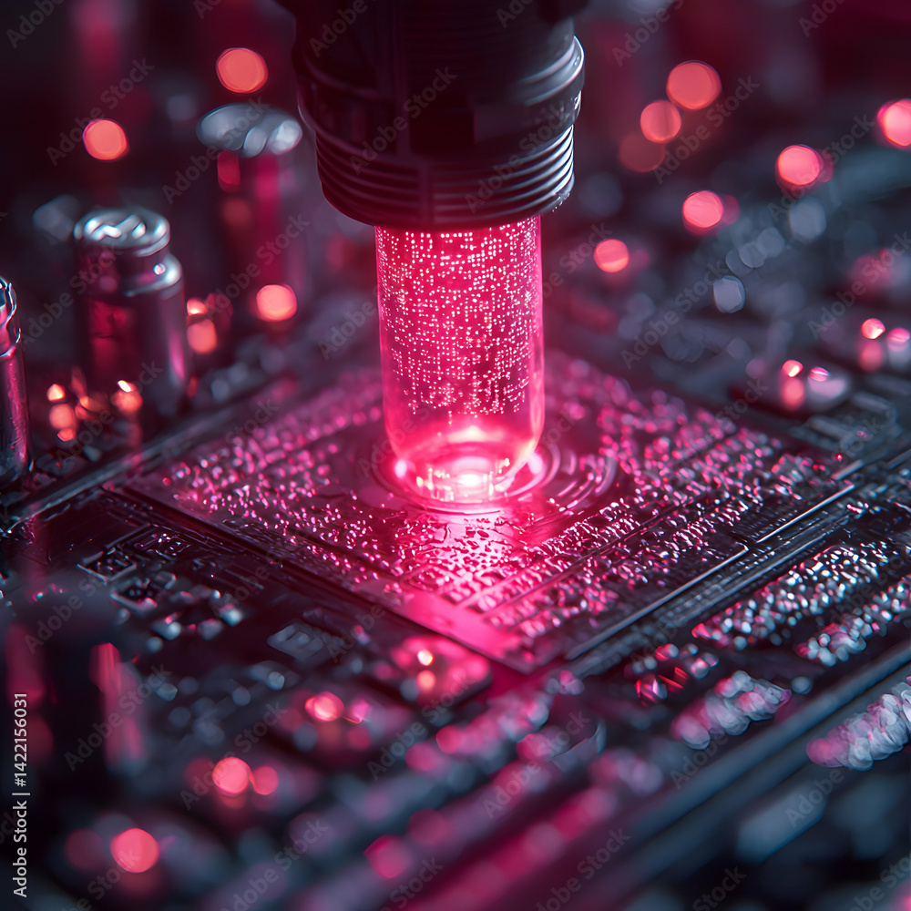 Aufkleber this image shows a glowing red futuristic device over a circuit board. it could be used as a science