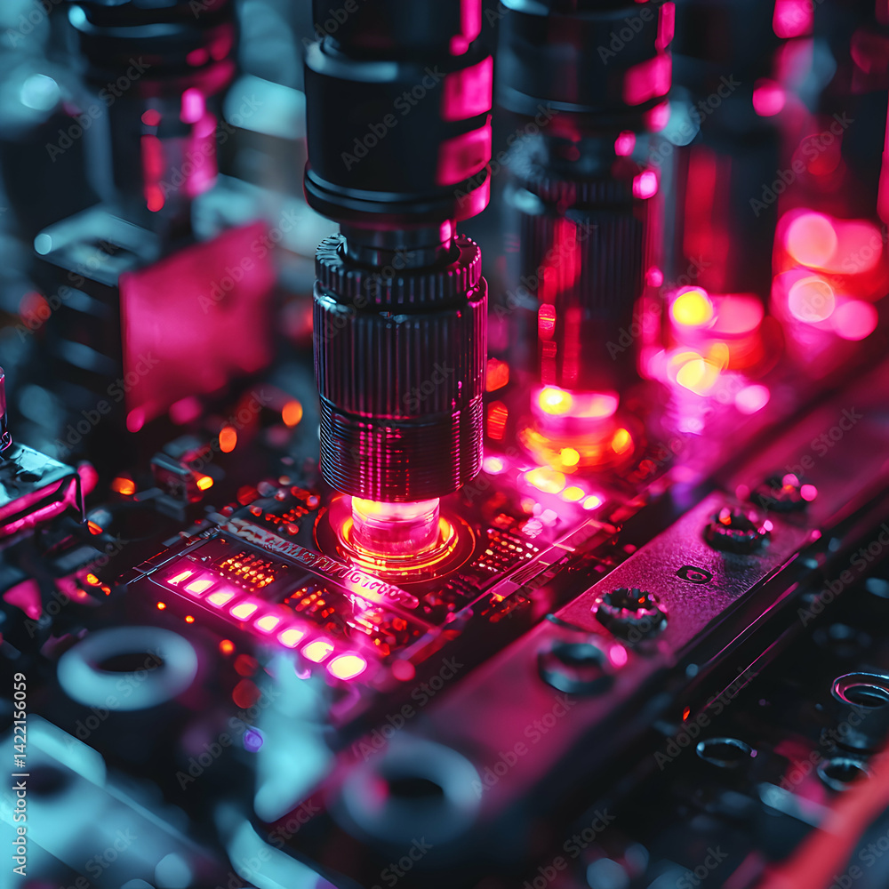 Aufkleber image depicts illuminated electronic components. suggests technological advancements with vibrant ne