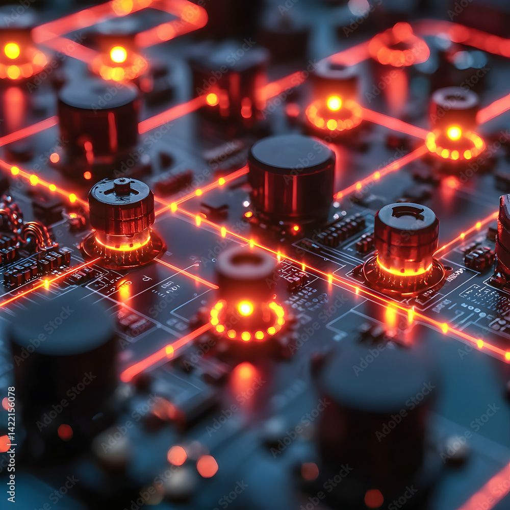 Poster an artistic close-up captures a glowing circuit board. this image would be ideal for tech or futuris