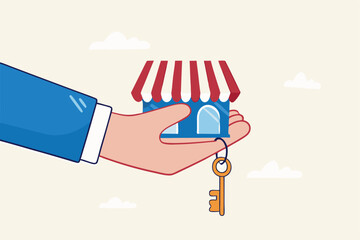 Small business key to success, open new shop, start new business or company, entrepreneur or SME, growing or increase product sale concept, businessman hand hold small business shop with golden key.