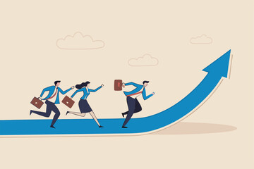 Growth strategy, career path development or growing business, employee training or improvement, job promotion concept, businessman people employees running on career path arrow in rising up direction.