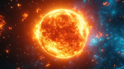Fototapeta premium Blazing sun in cosmic inferno fiery solar flares amidst teal nebulas