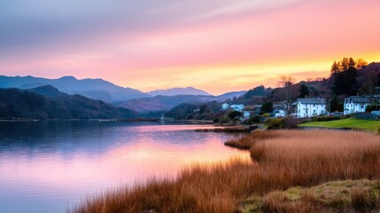 Fototapeta premium Serene sunset over a tranquil lake with mountains in the background and lush greenery