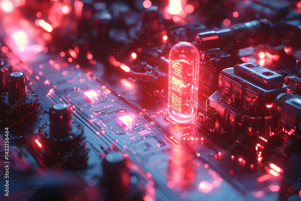 Poster futuristic circuit board with glowing red accents creating a cyberpunk aesthetic. perfect for sci-fi