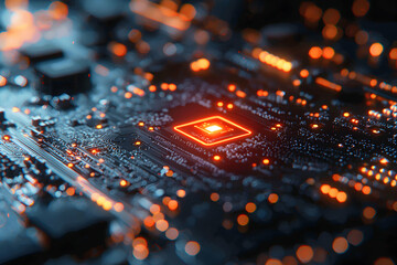 Fototapeta premium An intricate image of a computer circuit board glowing with orange light. The focus is on a central processing unit suggesting technological advancement. Ideal for tech articles and visualizations.