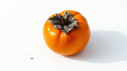 Single ripe persimmon fruit with calyx against white background studio shot