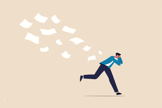 Overwhelmed or work overload, exhausted and anxiety, stressed and tired from problem and trouble, panic attack or shocked, burnout and depression concept, fearful businessman runaway from paperwork.