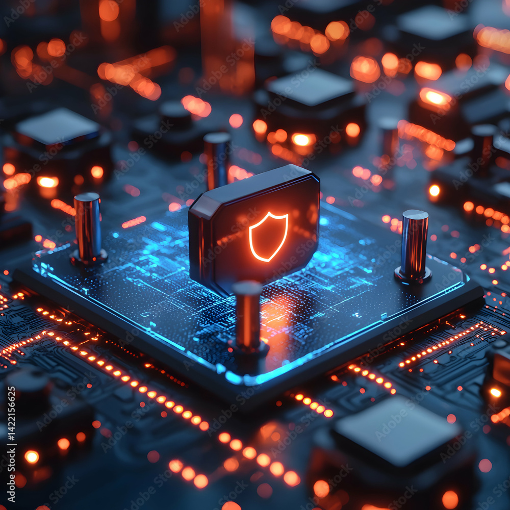 Poster a futuristic image of a circuit board with a glowing shield icon representing cybersecurity. it coul