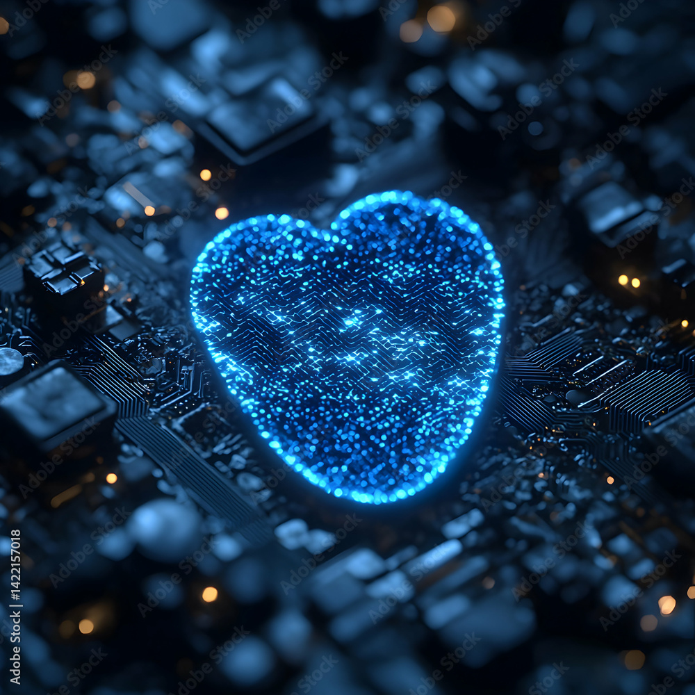 Poster a digital heart symbol glows on a circuit board. this image could be used to represent technology lo