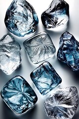 Array of translucent ice cubes with unique internal patterns on