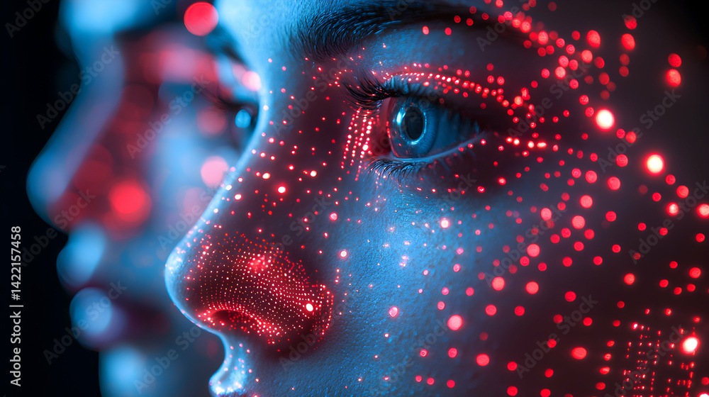 Poster close-up of a face with data visualization. suggests digital connection or augmented reality possibl