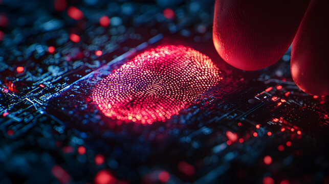 A glowing fingerprint scanner on a circuit board representing digital security access. It suggests biometric authentication. Use for security themed projects or tech visuals.