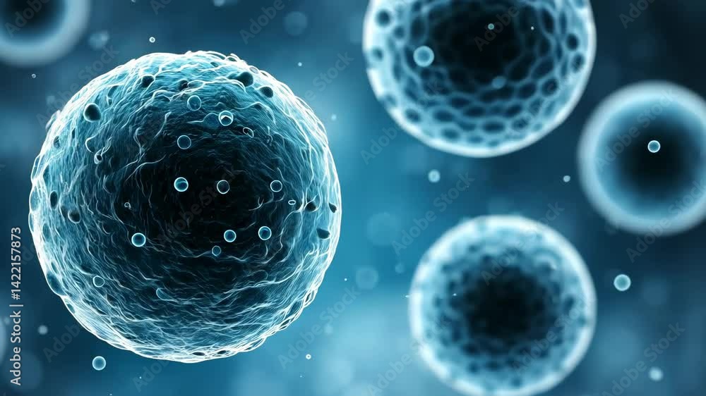 Poster abstract representation of cells, cellular structure with small bubbles on a blue background for sci