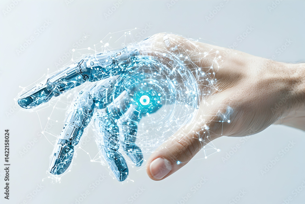 Aufkleber depicts a human hand interacting with a robotic hand surrounded by a glowing network. suggests ai de