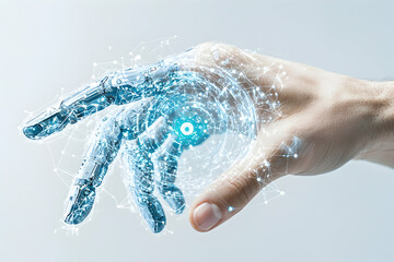 Fototapeta premium Depicts a human hand interacting with a robotic hand surrounded by a glowing network. Suggests AI development or technological advancements. Could be used for futuristic themes.