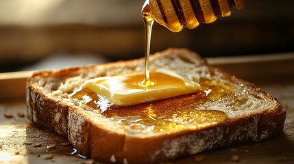 Realistic toast with butter and honey drizzle