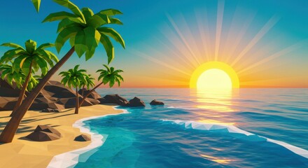 Low-Poly Tropical Beach Scene with Angular Palm Trees