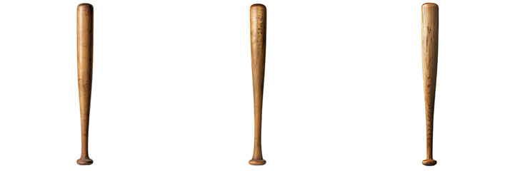 Obraz premium A set of strong wooden baseball bats with classic design, standing upright, isolated on a transparent background
