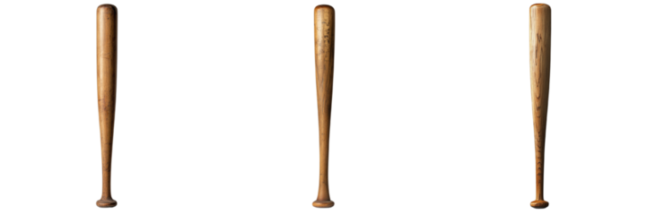 A set of strong wooden baseball bats with classic design, standing upright, isolated on a transparent background