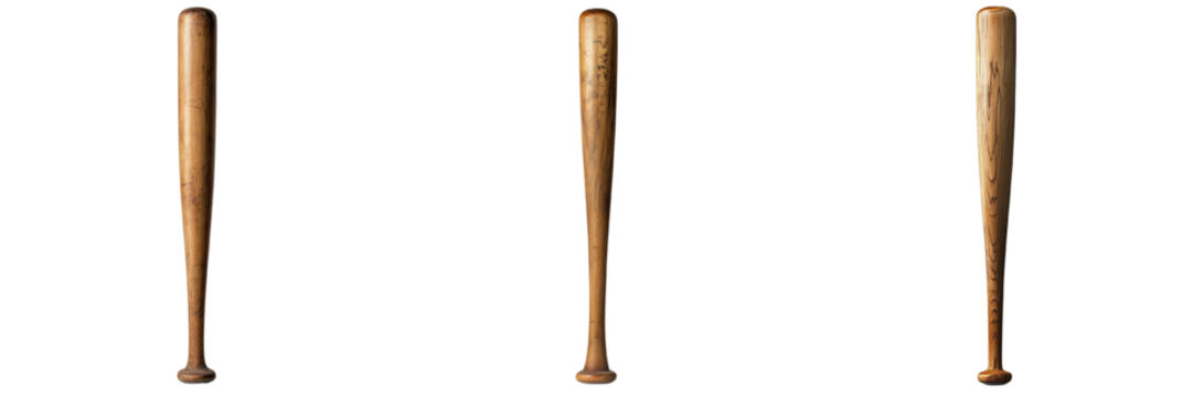 A set of strong wooden baseball bats with classic design, standing upright, isolated on a transparent background