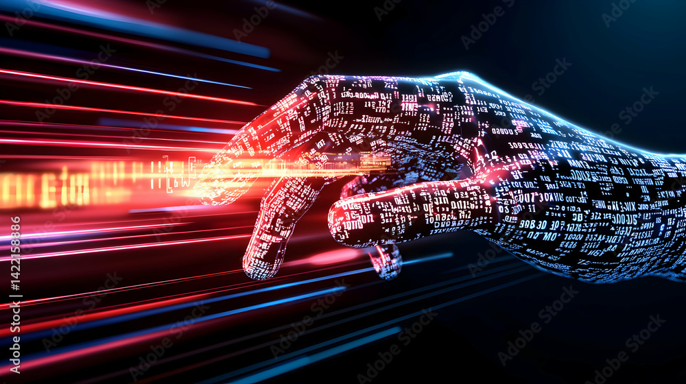 Fototapete a digital hand interacts with glowing data streams. this futuristic design suggests ai or data proce