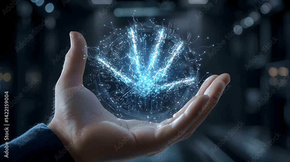 Aufkleber a hand cradles a glowing digital representation of a hand. represents advanced technology digital tr