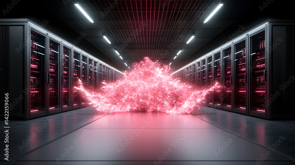 Poster a futuristic data center with a pink energy explosion. suggests digital disruption or a technologica