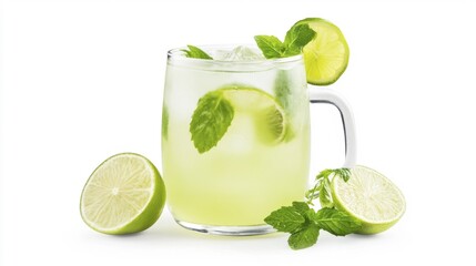 Fototapeta premium Moscow Mule cocktail with lime and mint leaves isolated on white background. Generative AI