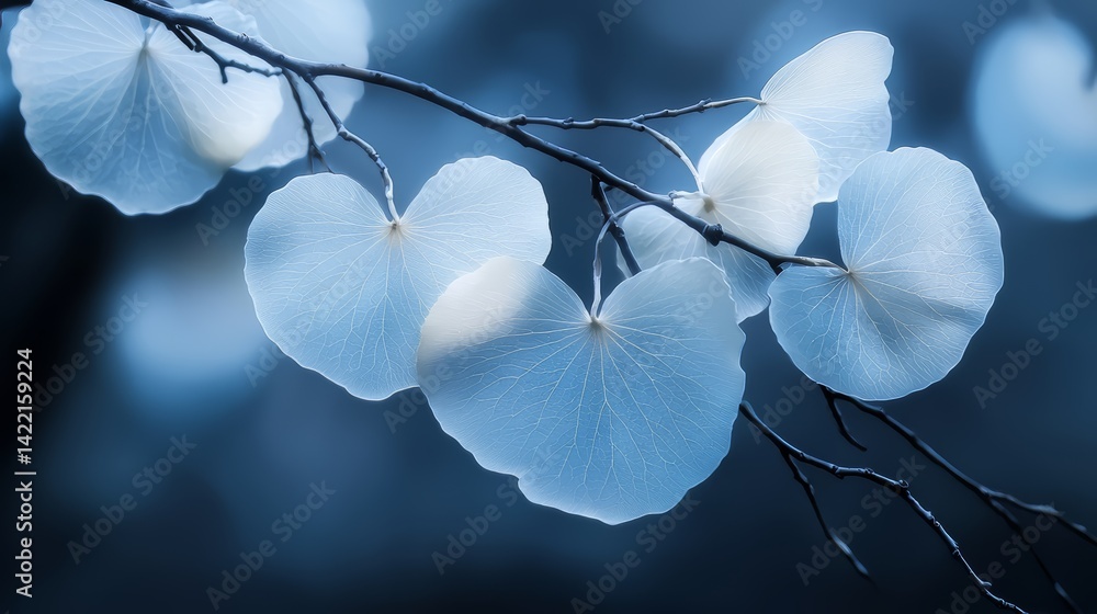 Poster Branch with a cluster of white flowers. The flowers are arranged in a way that they resemble hearts, creating a sense of beauty and serenity. The blue background adds a calming
