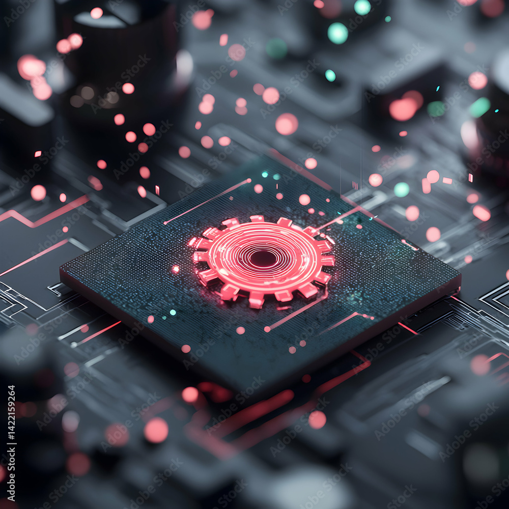 Fototapete a futuristic image shows a glowing gear on a circuit board. it suggests digital processes and comple