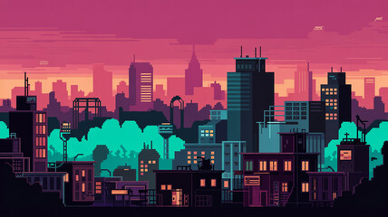 Stylized Urban Landscape with Purple Sky and Teal Foliage