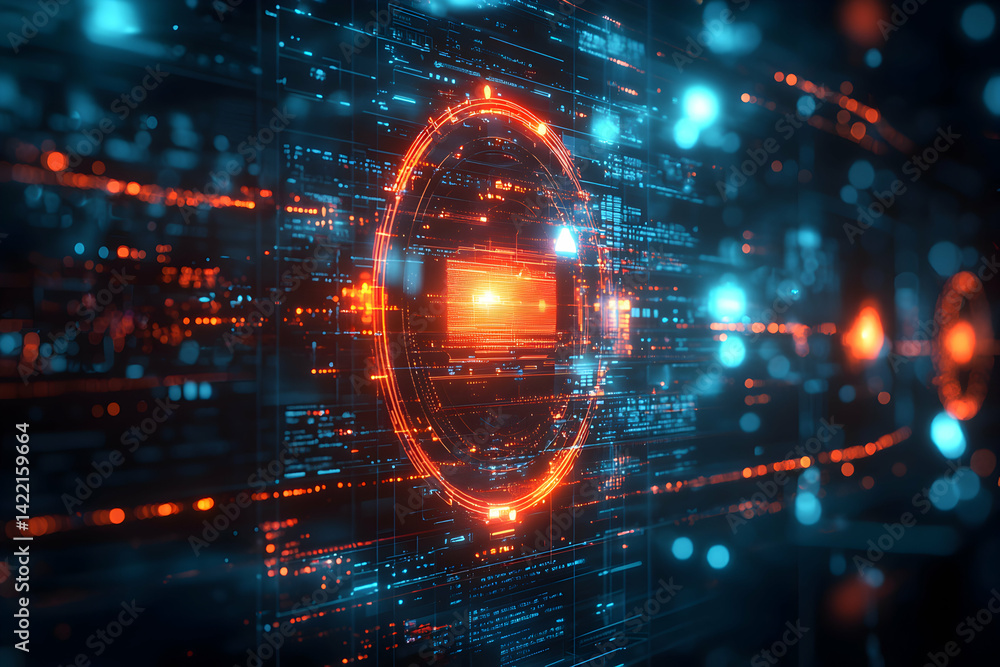 Fototapete abstract digital artwork featuring glowing circuits data streams and a central red orange circle. su