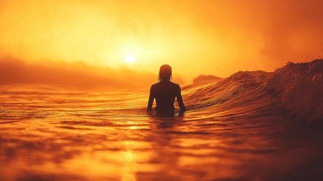 Silhouette surfer in fiery sunset - Powered by Adobe