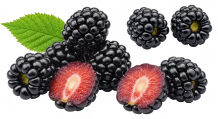 Fresh ripe blackberries and raspberries, juicy sweet berries isolated on white