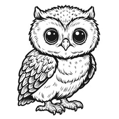 Vector illustration of a cute cartoon owl with large eyes and detailed feathering in black and white. Represents wildlife, birds, nature, and a charming, graphic aesthetic.